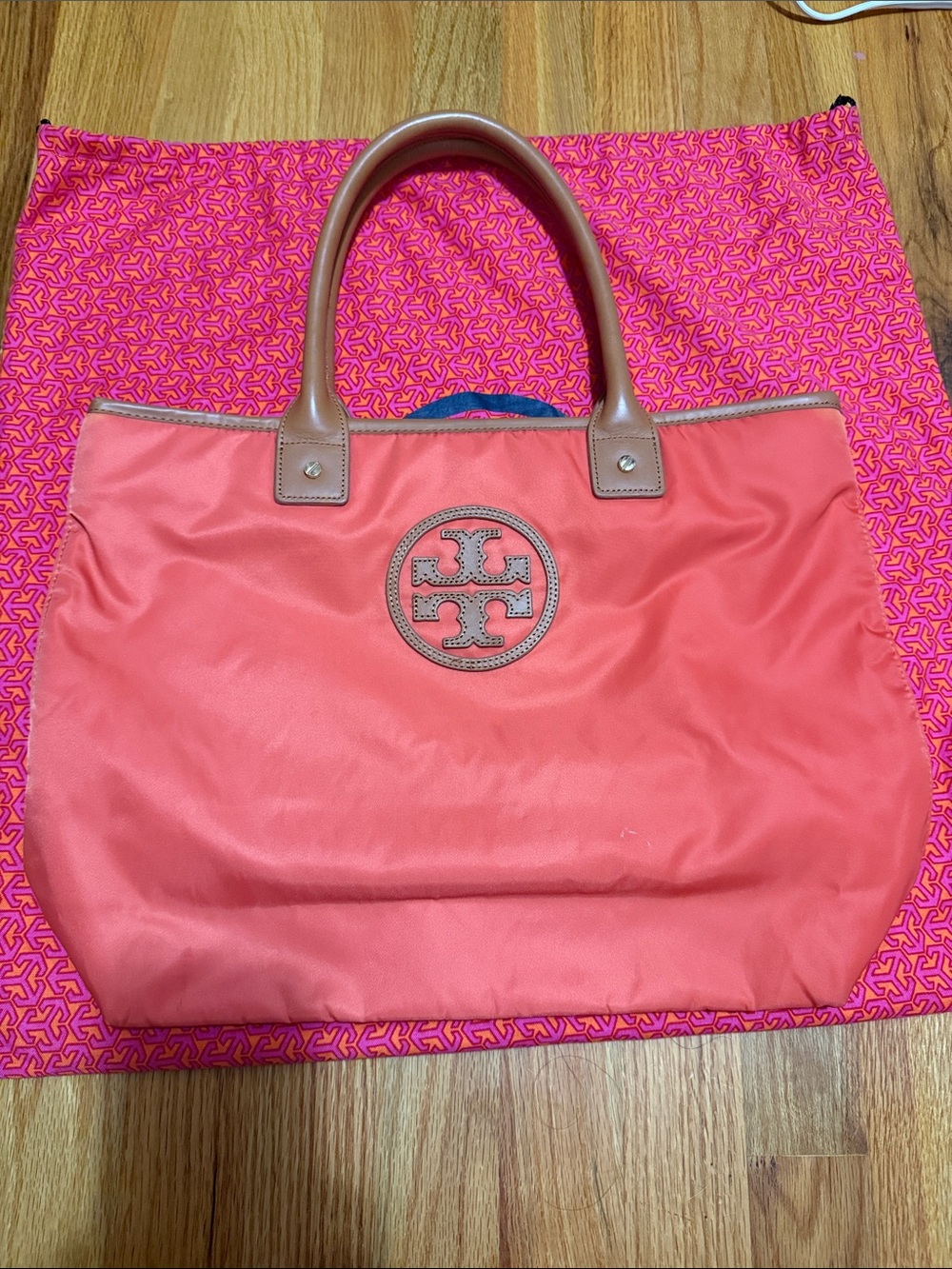 Tory Burch Coral Nylon Tote with Tan Leather Handles